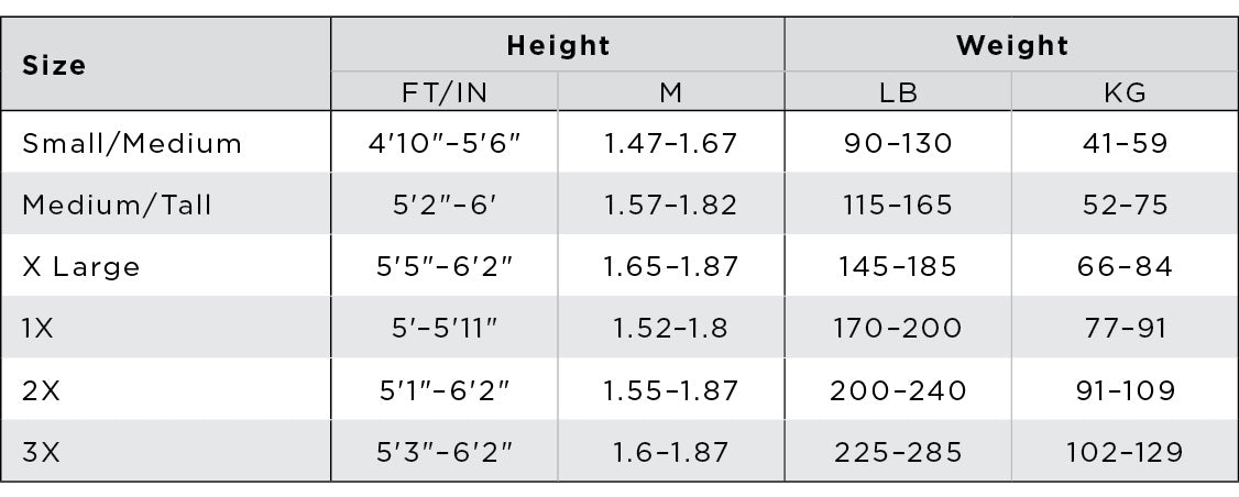 Adult tights size chart