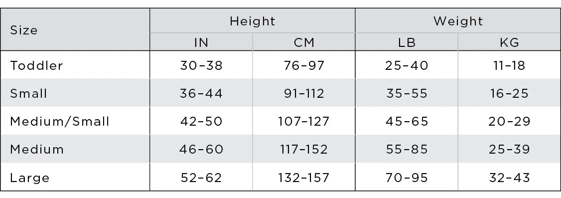 Child ultra tights size chart