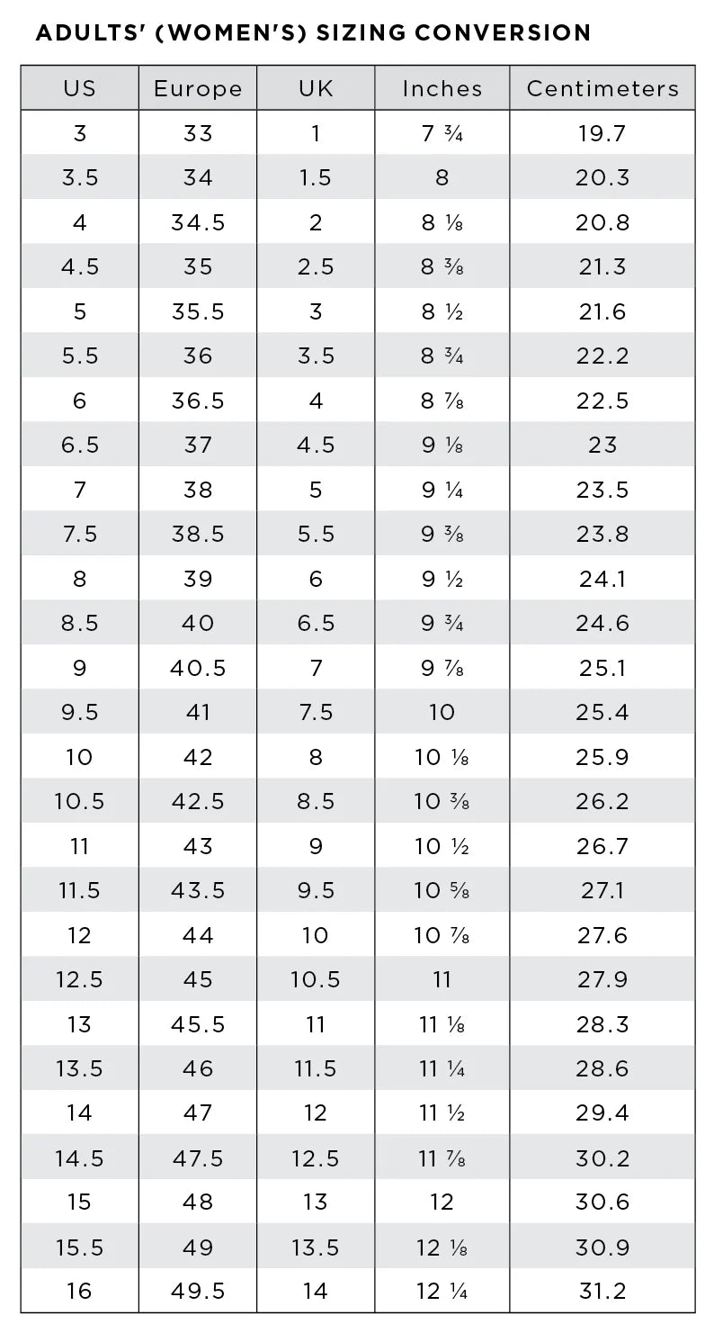 Footwear Conversion Guide Adults Table