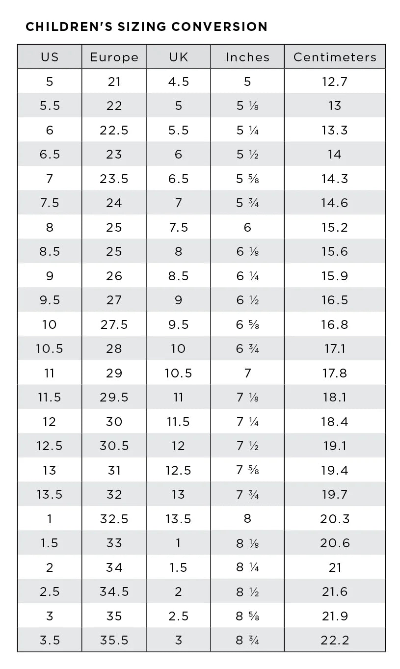 Footwear Conversion Guide Childrens Table
