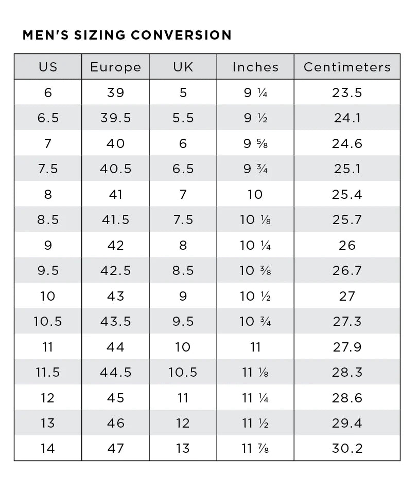Footwear Conversion Guide Mens Table